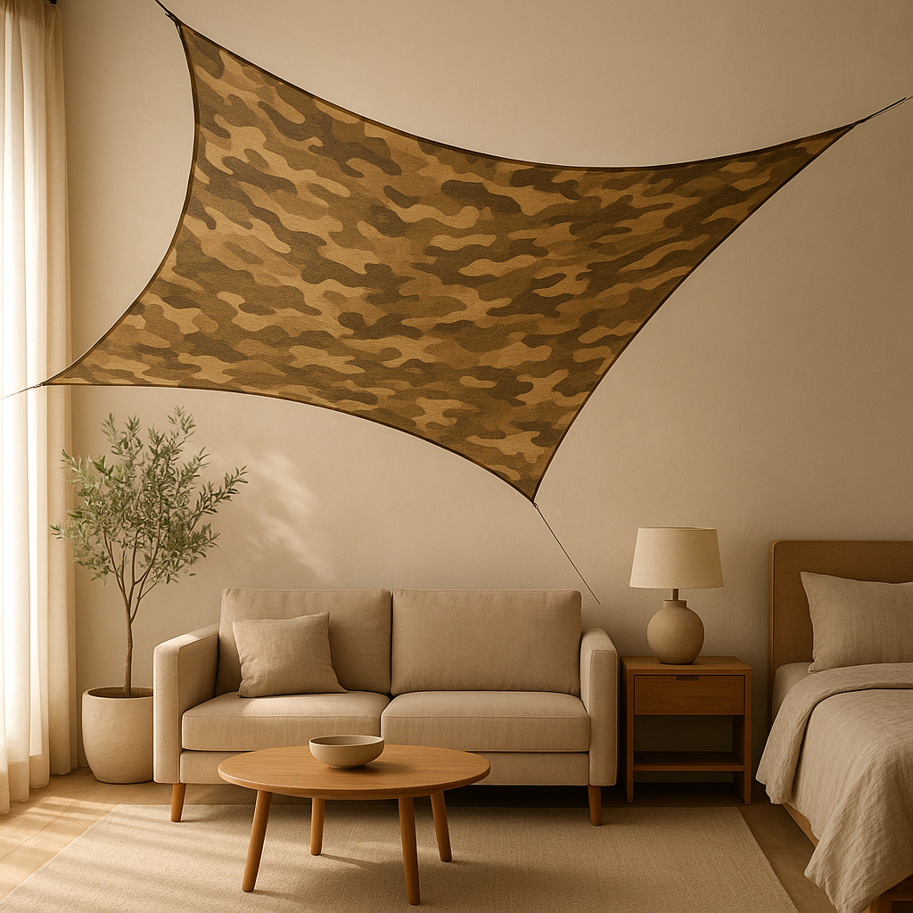 Voile d'ombrage camouflage pour terrasse et jardin, protection solaire discrète et élégante.