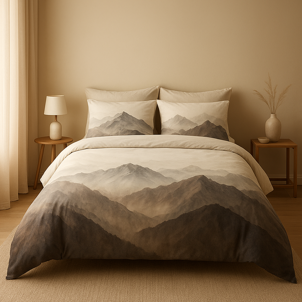 Housse de couette motif montagne pour une chambre au style naturel et apaisant.