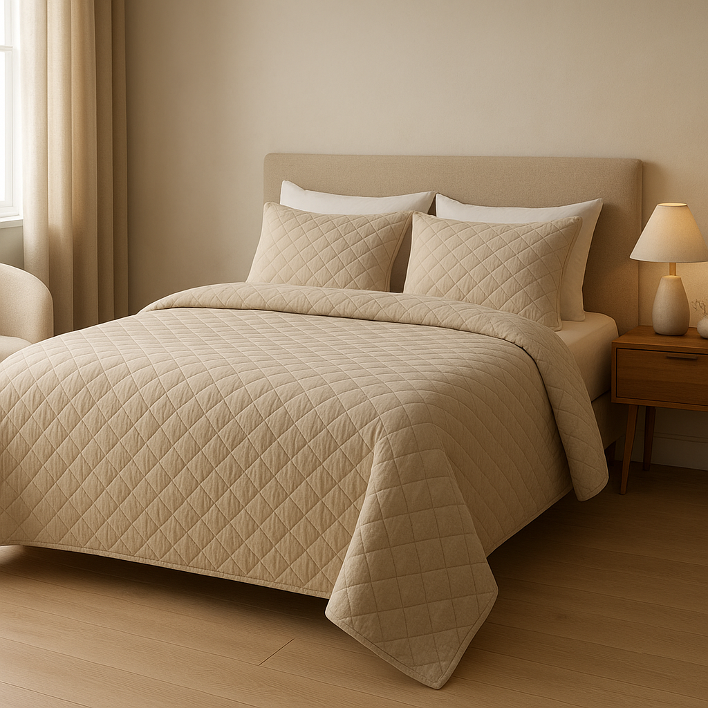 Couvre-lit moderne en tissu léger, idéal pour une chambre épurée et contemporaine.