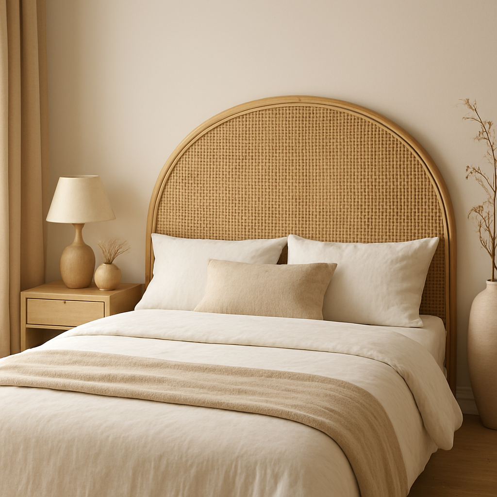 Tête de lit en osier naturel, design bohème et chaleureux pour une chambre apaisante.