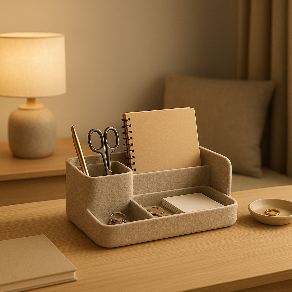 Organisateur de bureau en bois avec tiroirs pour ranger stylos et fournitures de bureau.