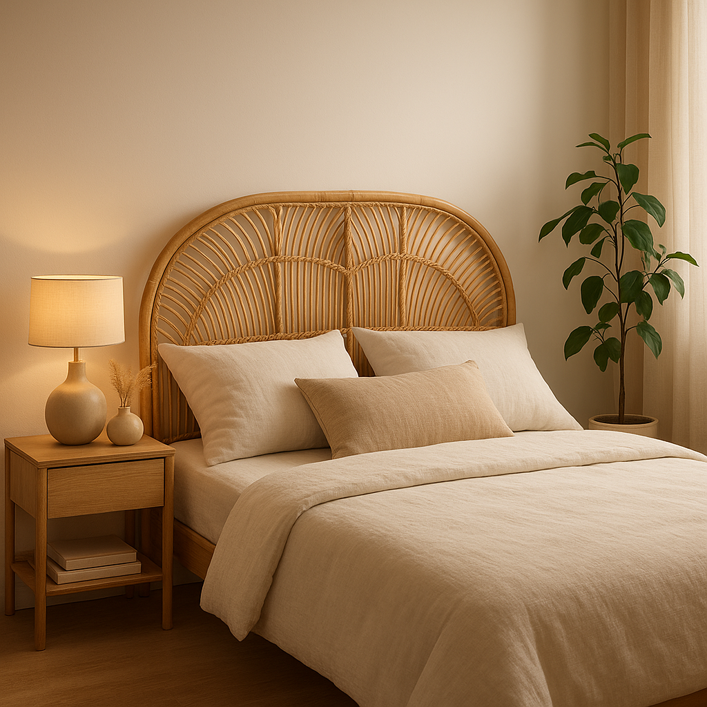 Tête de lit en rotin naturel 140 cm, design bohème pour une chambre apaisante et élégante.
