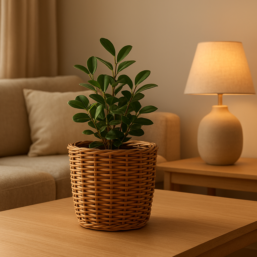 Cache pot en rotin naturel pour plantes d'intérieur, idéal pour déco salon ou véranda.