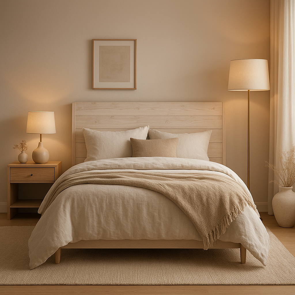 Tête de lit en bois blanchi design, pour une déco de chambre élégante et apaisante.