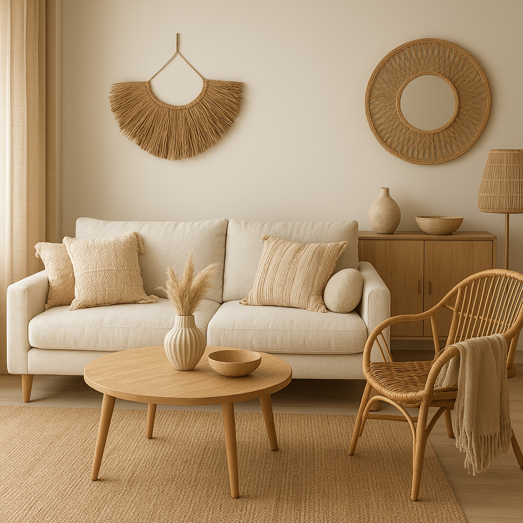 Décoration bohème chic avec des coussins ethniques, des plantes et une suspension macramé
