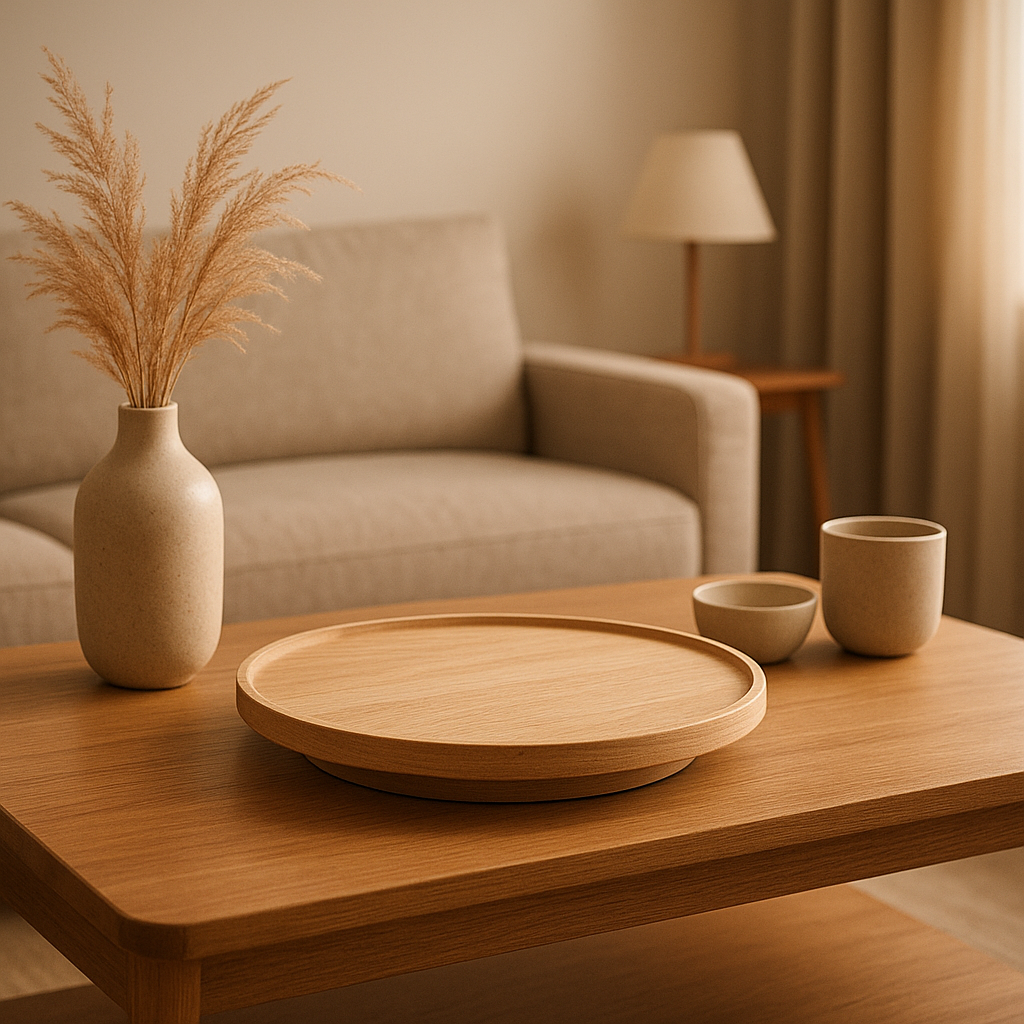 Plateau tournant en bois pour rangement optimisé dans un dressing ou une cave à vin.