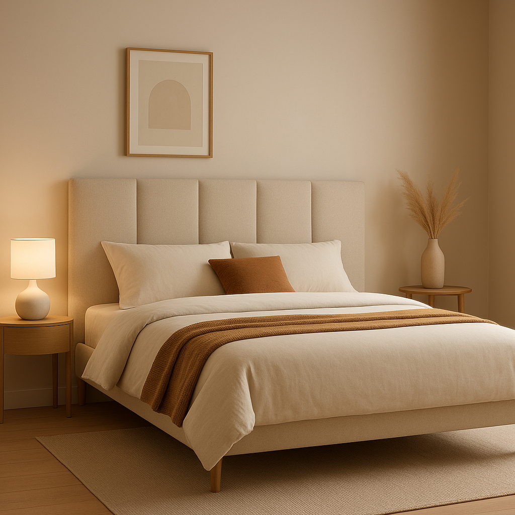 Tête de lit design en tissu avec rangements intégrés pour une chambre moderne et fonctionnelle