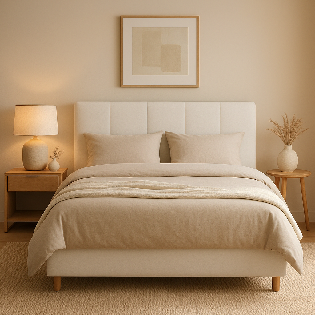 Tête de lit blanche 140 cm en tissu, design épuré pour une chambre moderne et apaisante.
