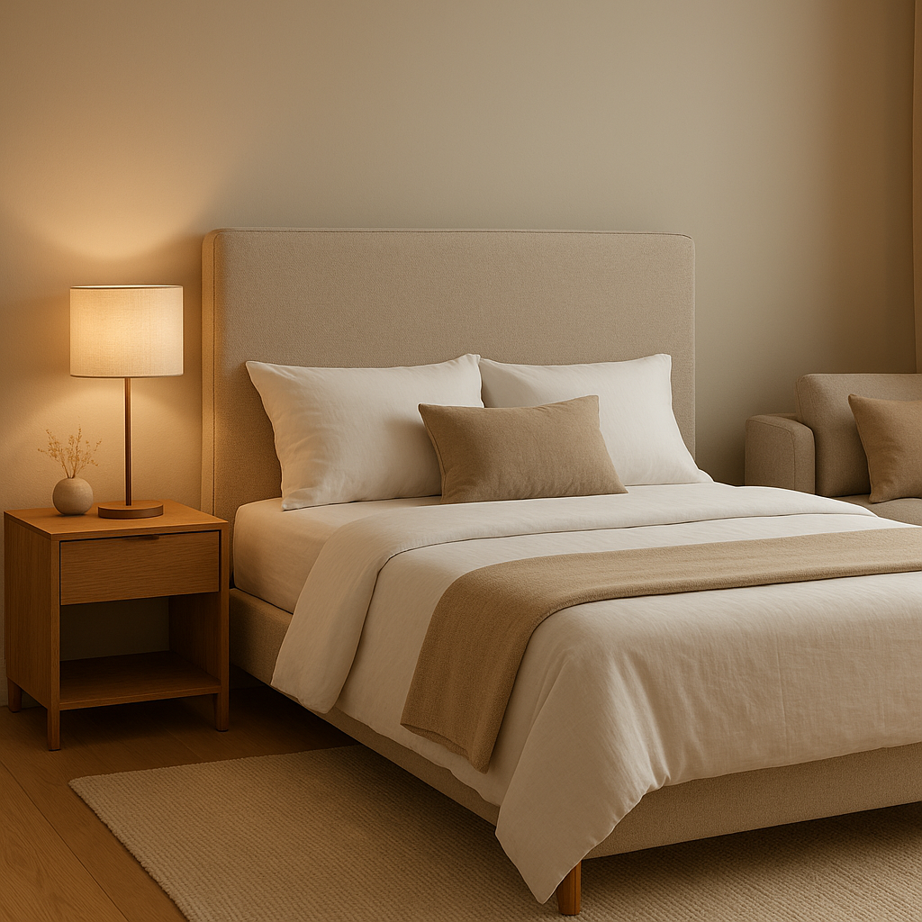 Tête de lit meuble avec rangements intégrés pour une chambre à coucher élégante et pratique.