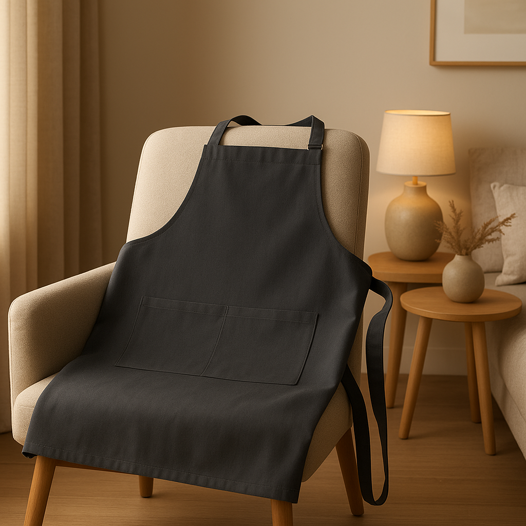 Tablier professionnel de cuisine en coton robuste avec bavette et poches pratiques.