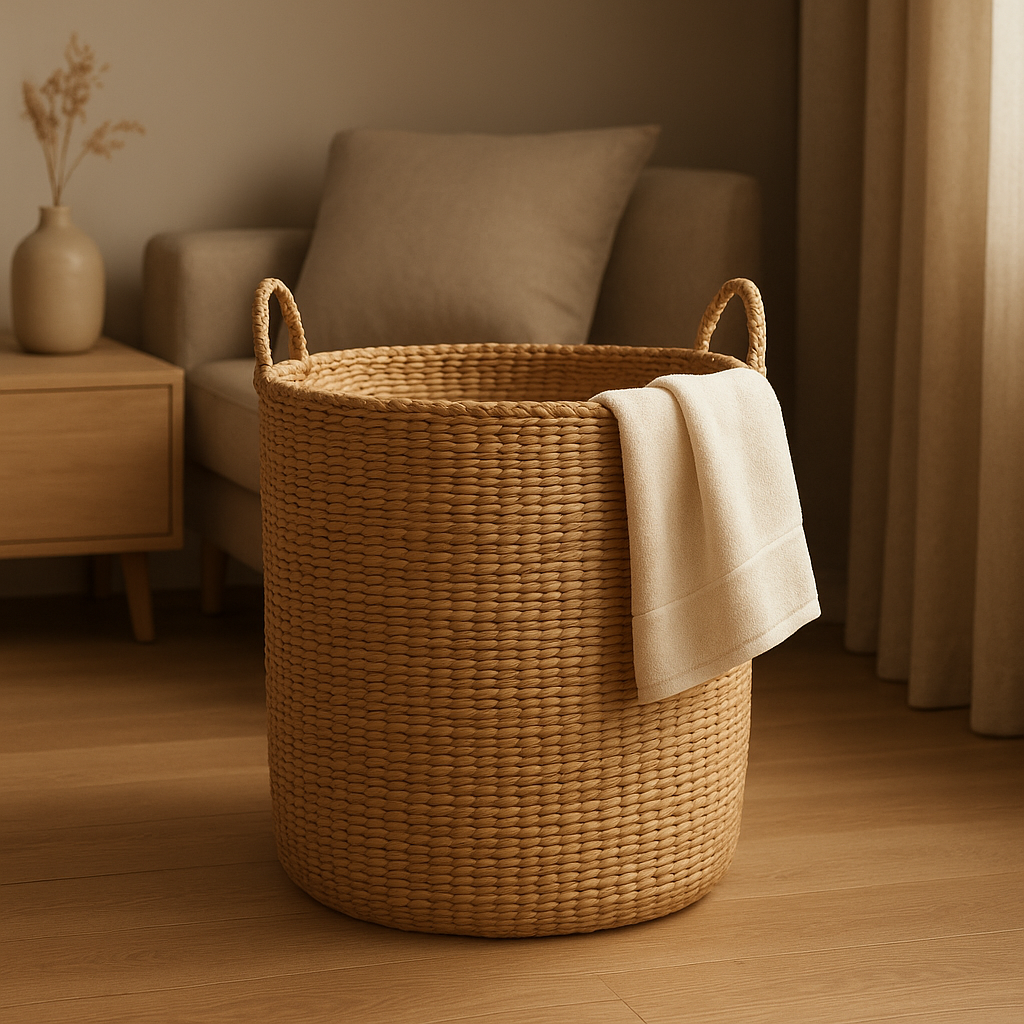 Panier à linge en osier pour salle de bain, design pratique et élégant pour ranger vos textiles.