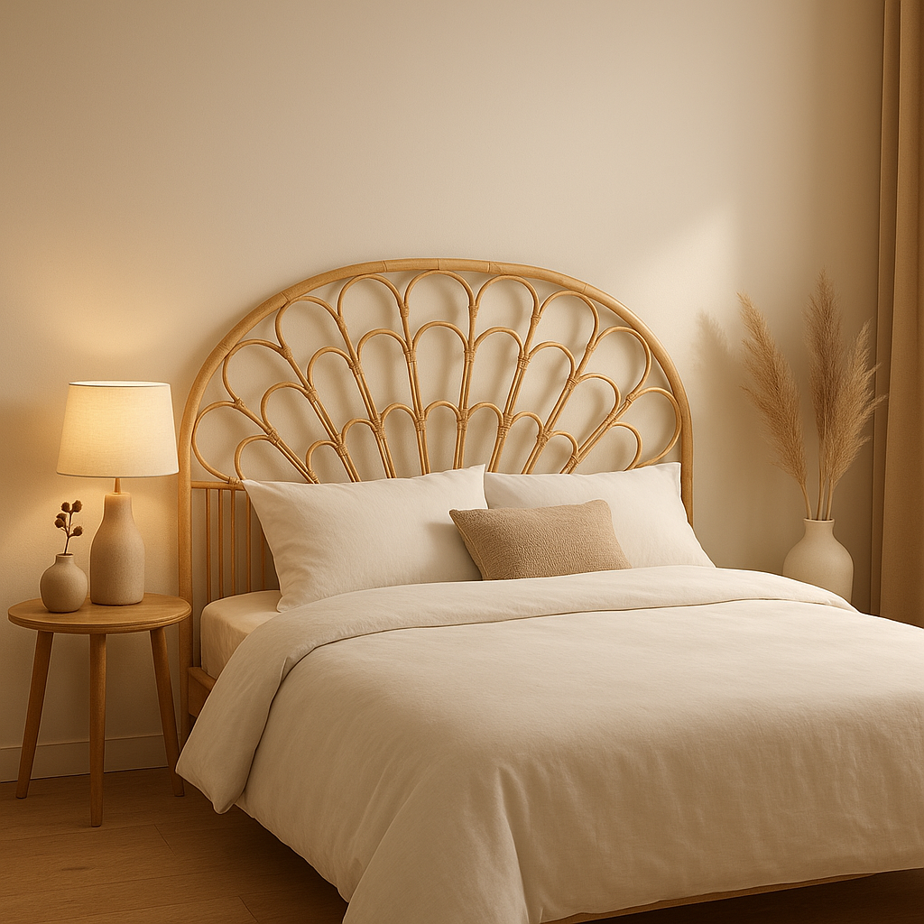 Tête de lit en rotin naturel 140 cm, design bohème pour une chambre apaisante et élégante.