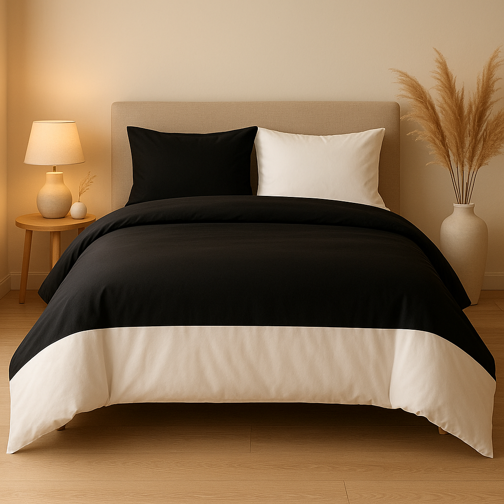 Housse de couette noire et blanche, design graphique moderne pour une chambre élégante.