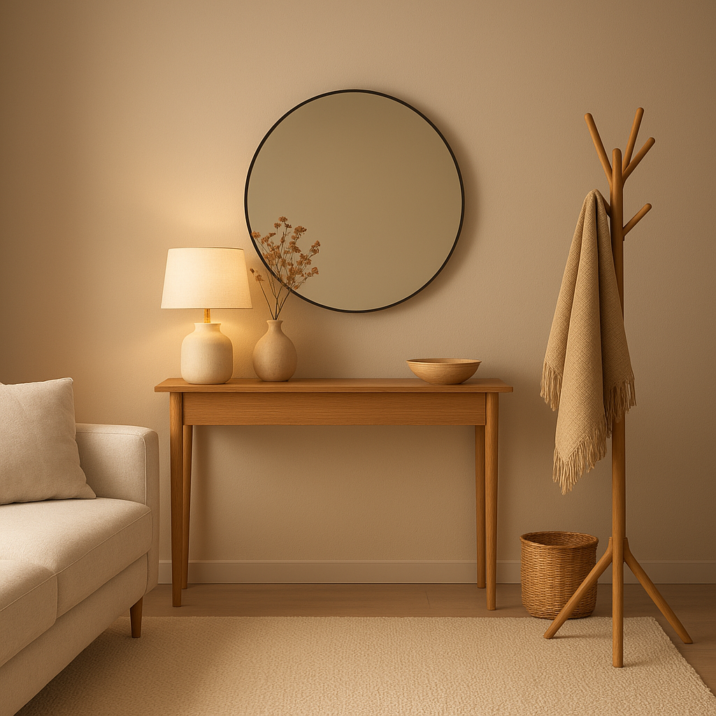 Décoration d'entrée moderne avec miroir et console pour une maison accueillante