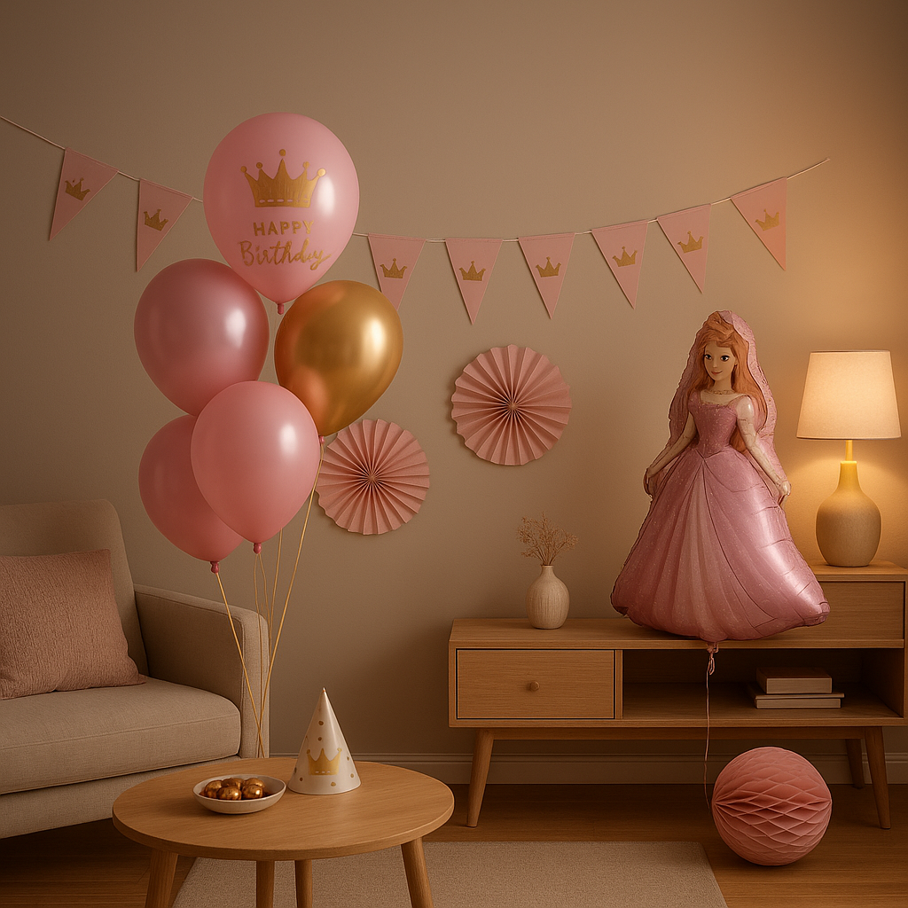 Décoration anniversaire princesse avec guirlandes, couronnes et ballons roses et dorés