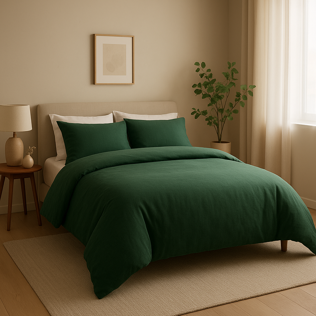 Housse de couette verte en coton, motif feuilles tropicales pour une déco nature et apaisante