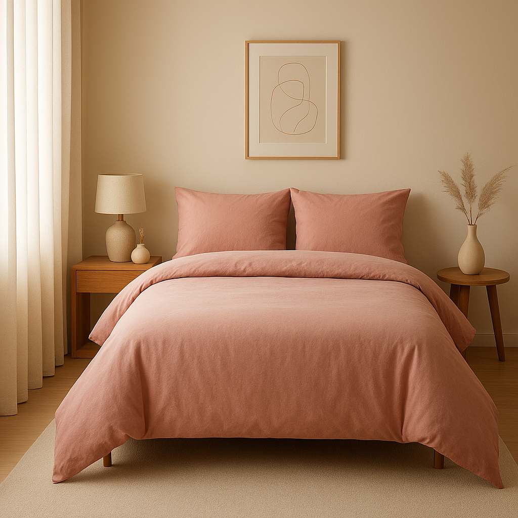 Housse de couette rose en coton percale, design épuré pour une chambre douce et apaisante.
