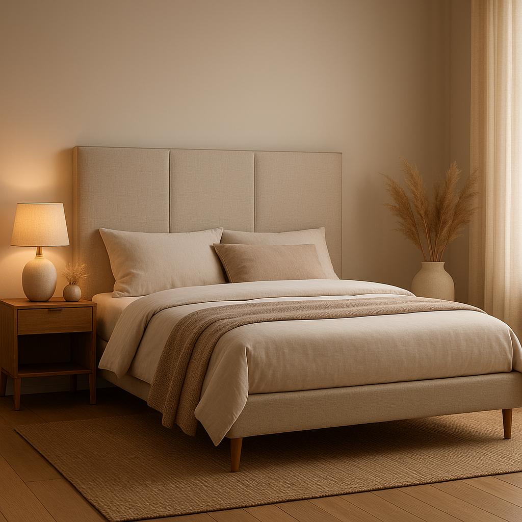Tête de lit moderne en tissu avec rangements intégrés pour une chambre épurée