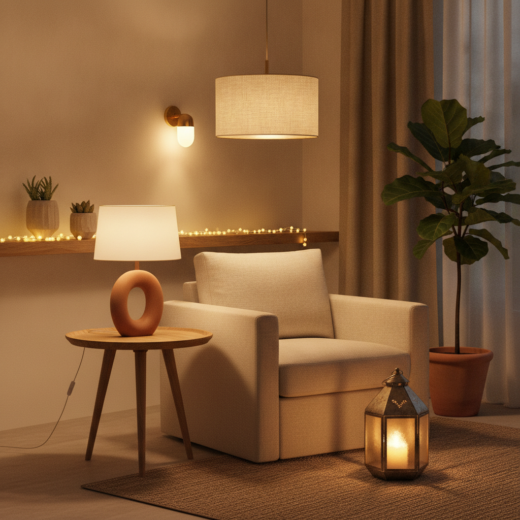 Luminaires déco : suspension, lampe à poser, applique murale, guirlande lumineuse et lanterne dans un salon chaleureux