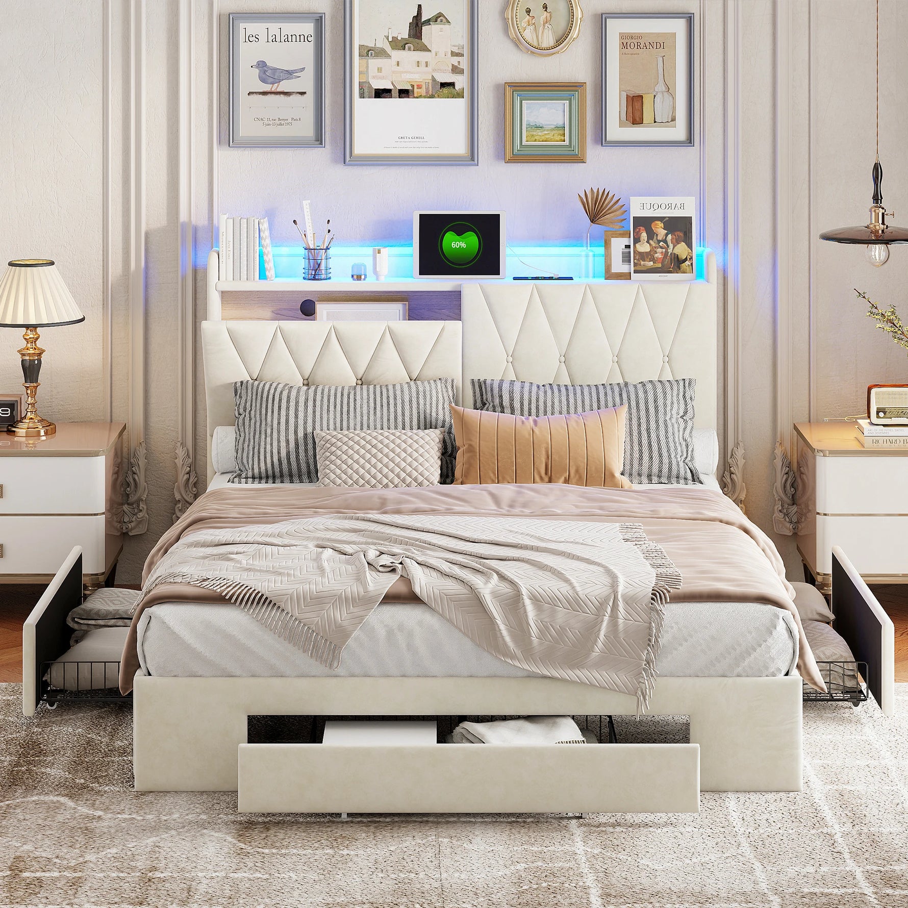 Lit capitonné ivoire avec ambiance LED colorée