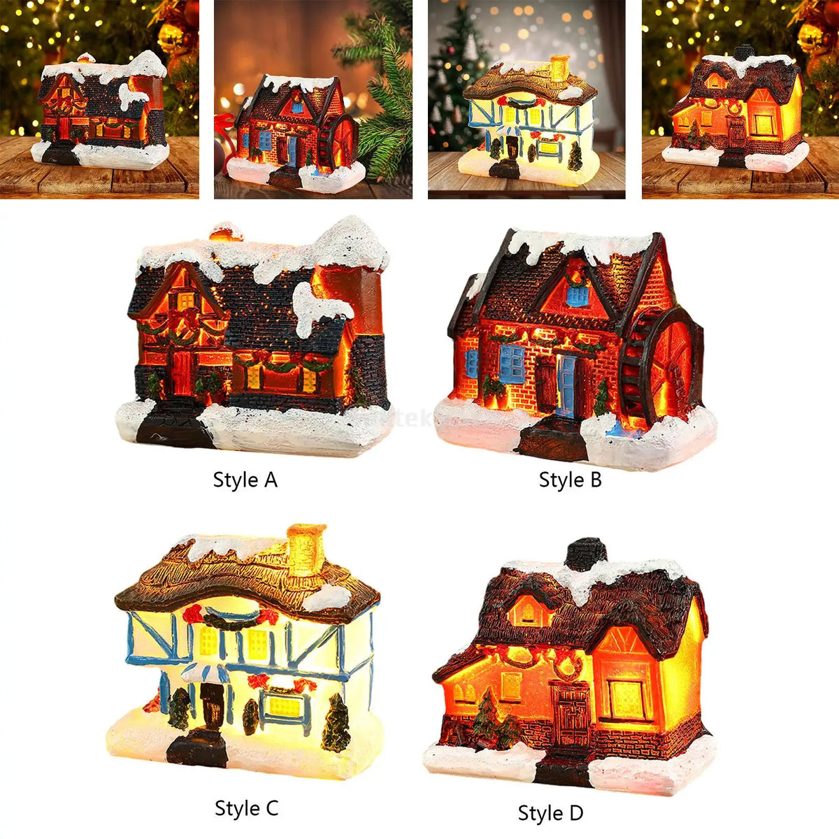 Détail de la maison de village de Noël illuminée la nuit