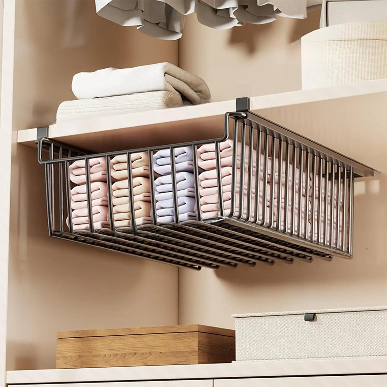 Panier tiroir coulissant suspendu métal noir organisateur dressing