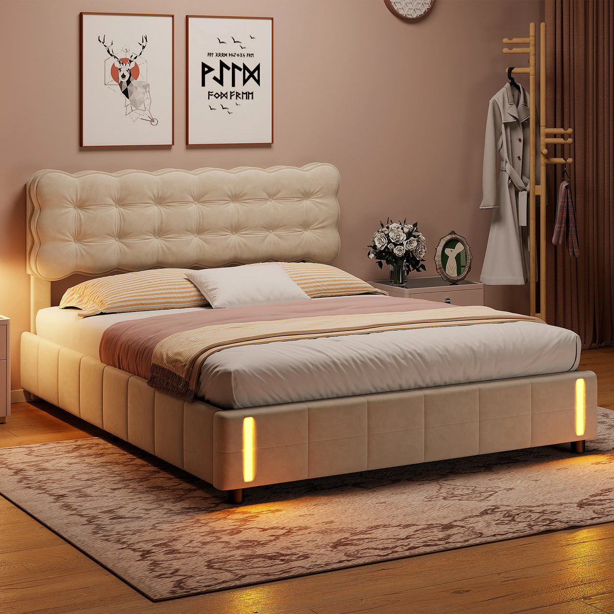 Tête de lit capitonnée en velours beige