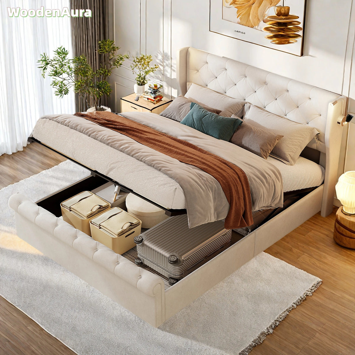 Lit coffre 160x200 cm velours beige avec éclairage intégré
