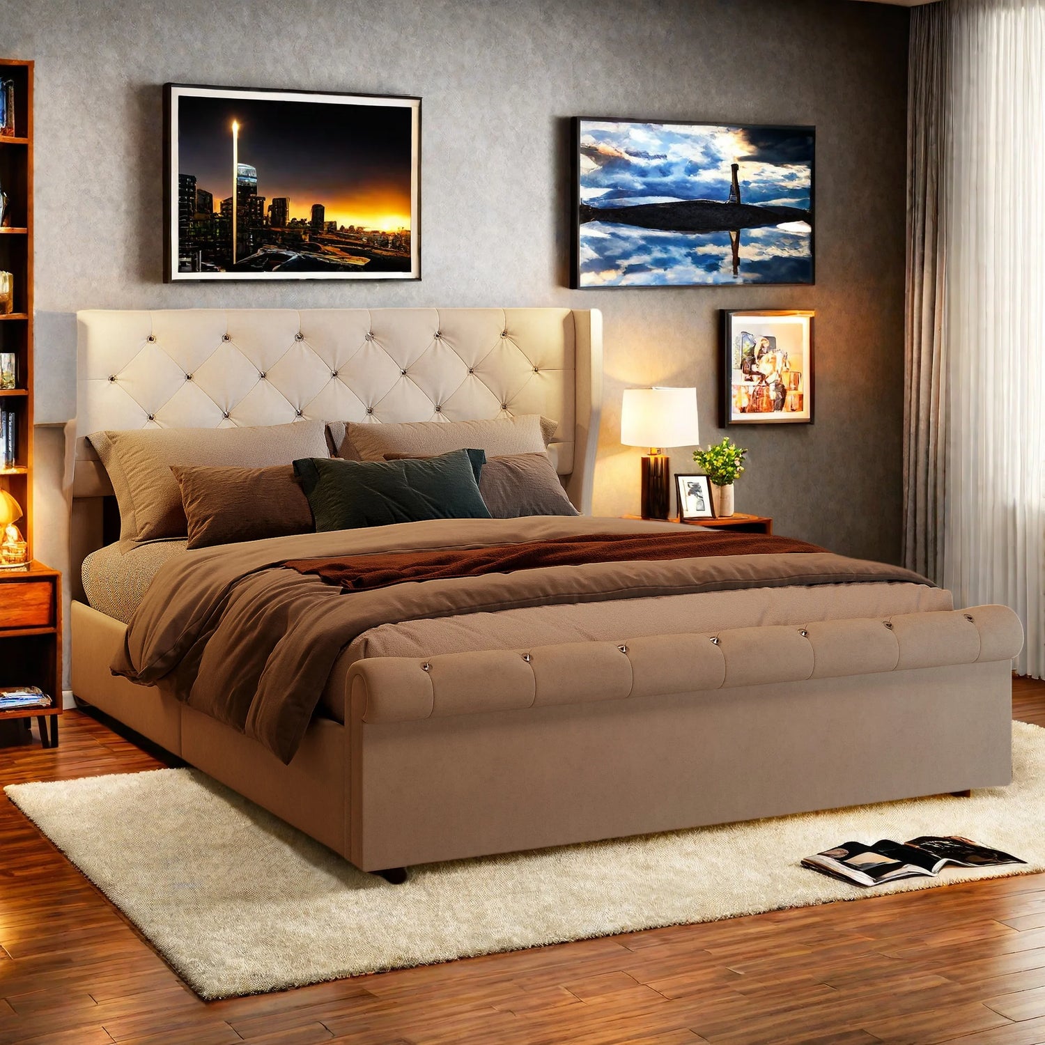 Lit double capitonné beige avec tête de lit design dans une chambre moderne