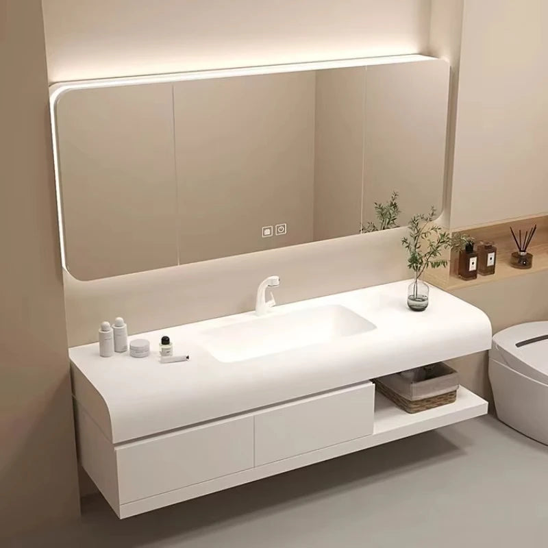 Meuble vasque suspendu moderne blanc avec miroir et rangement
