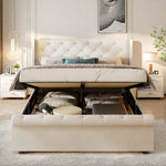 Détail du velours beige doux du lit coffre