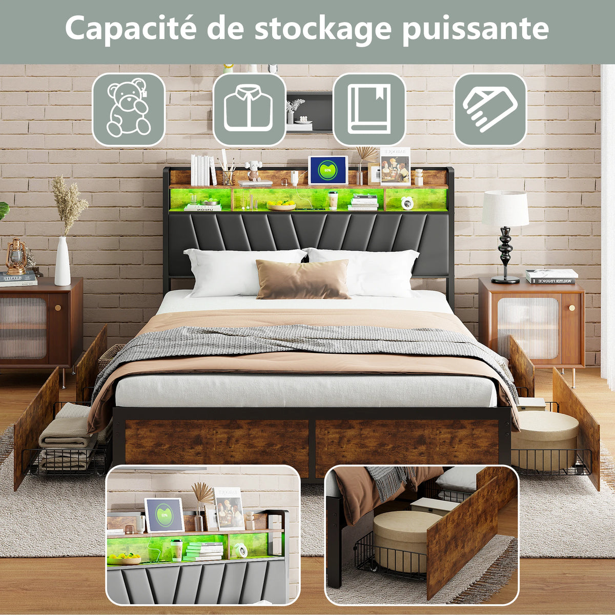 Ambiance de chambre avec lit brun vintage et éclairage doux