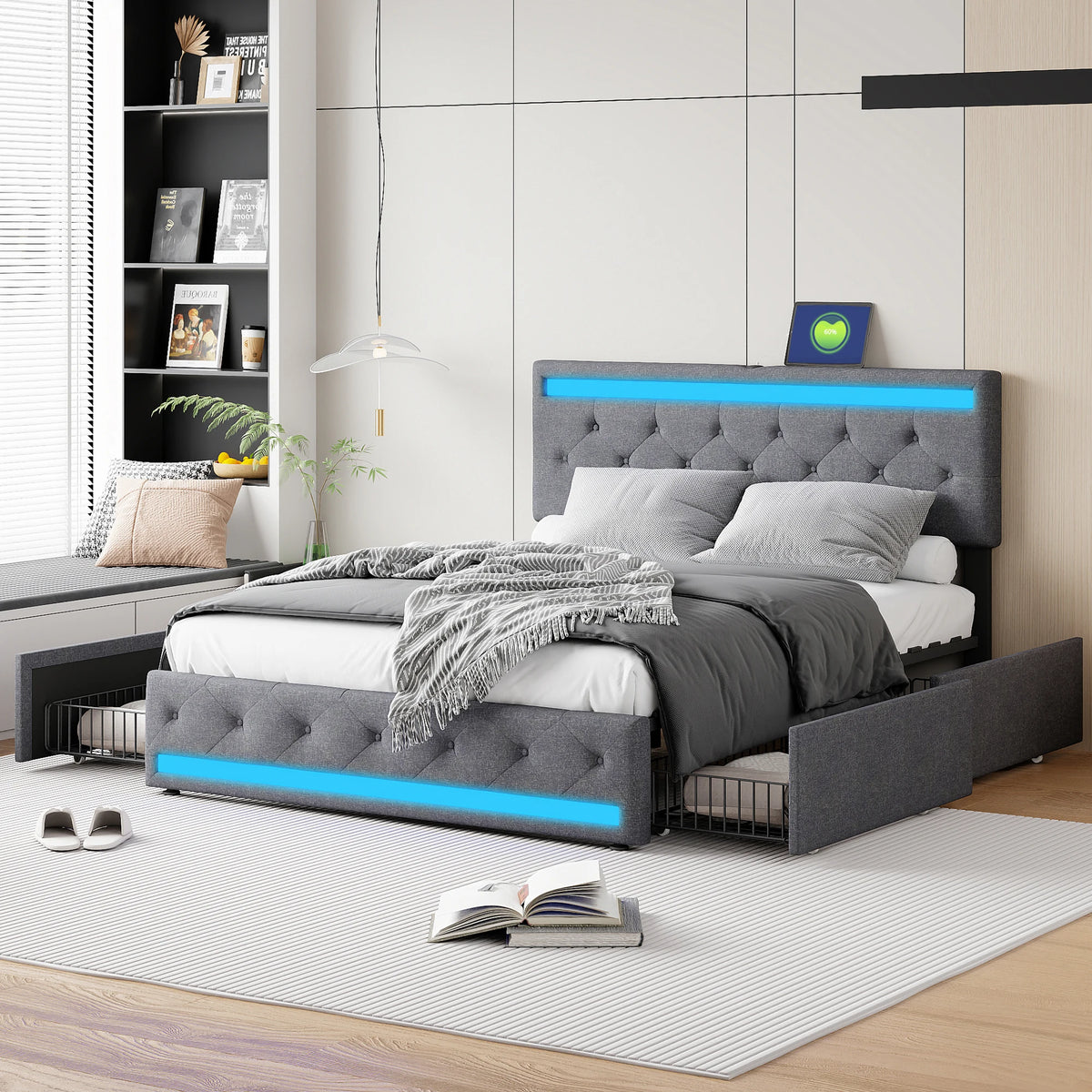 Lit double 140x200 cm avec tête de lit LED et tiroirs en gris clair