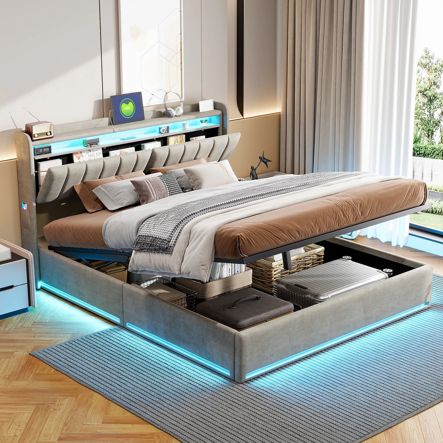Lit coffre capitonné velours avec éclairage LED intégré