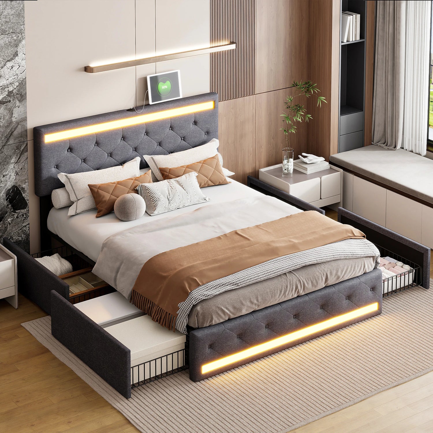 Tiroirs de rangement pratiques sous le lit double