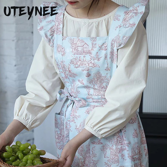 Tablier de cuisine en coton imperméable rouge à volants