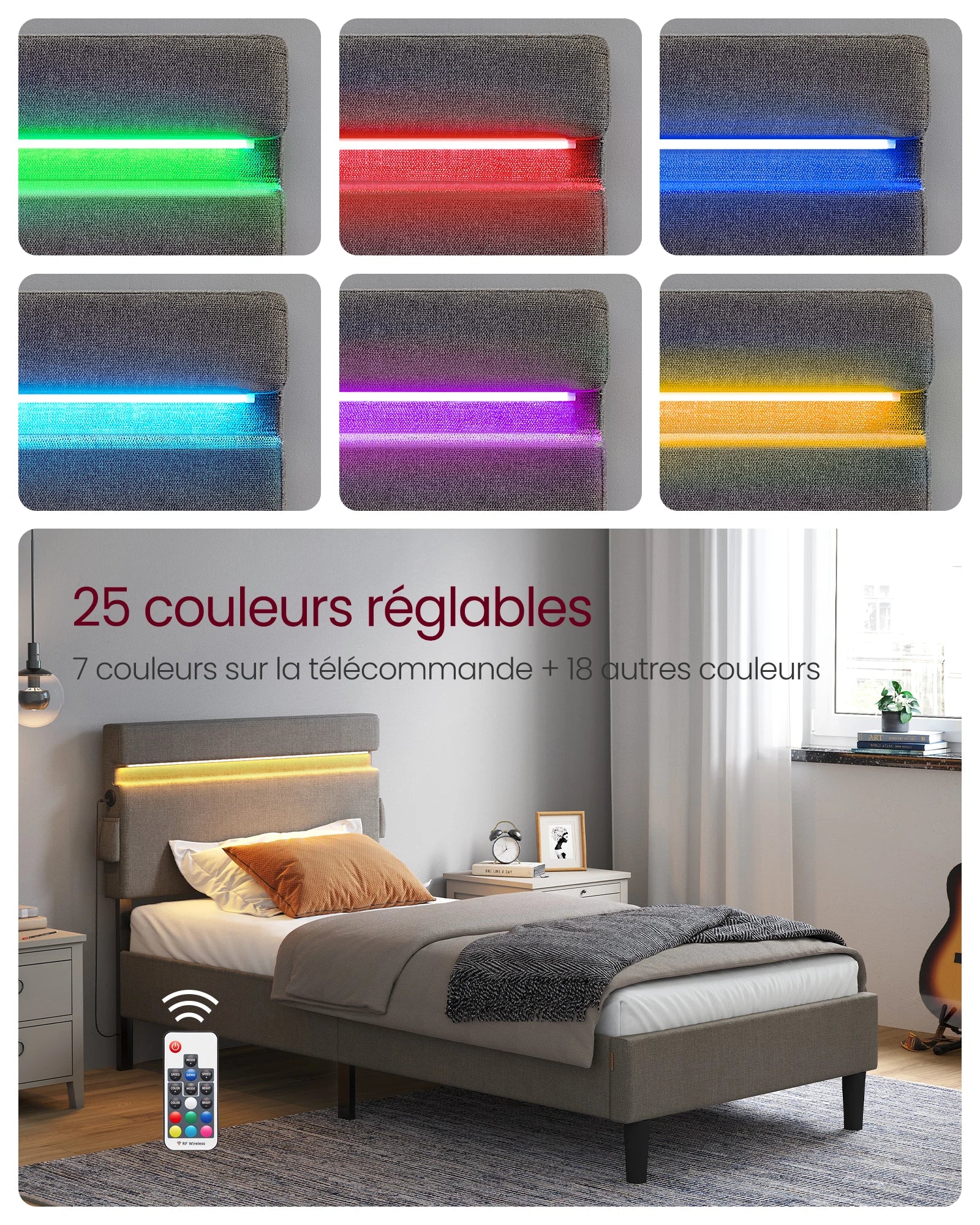 Vue de côté du lit 90x190 montrant le cadre métallique épuré