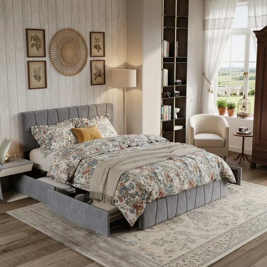 Détail de la tête de lit en velours gris à rayures verticales