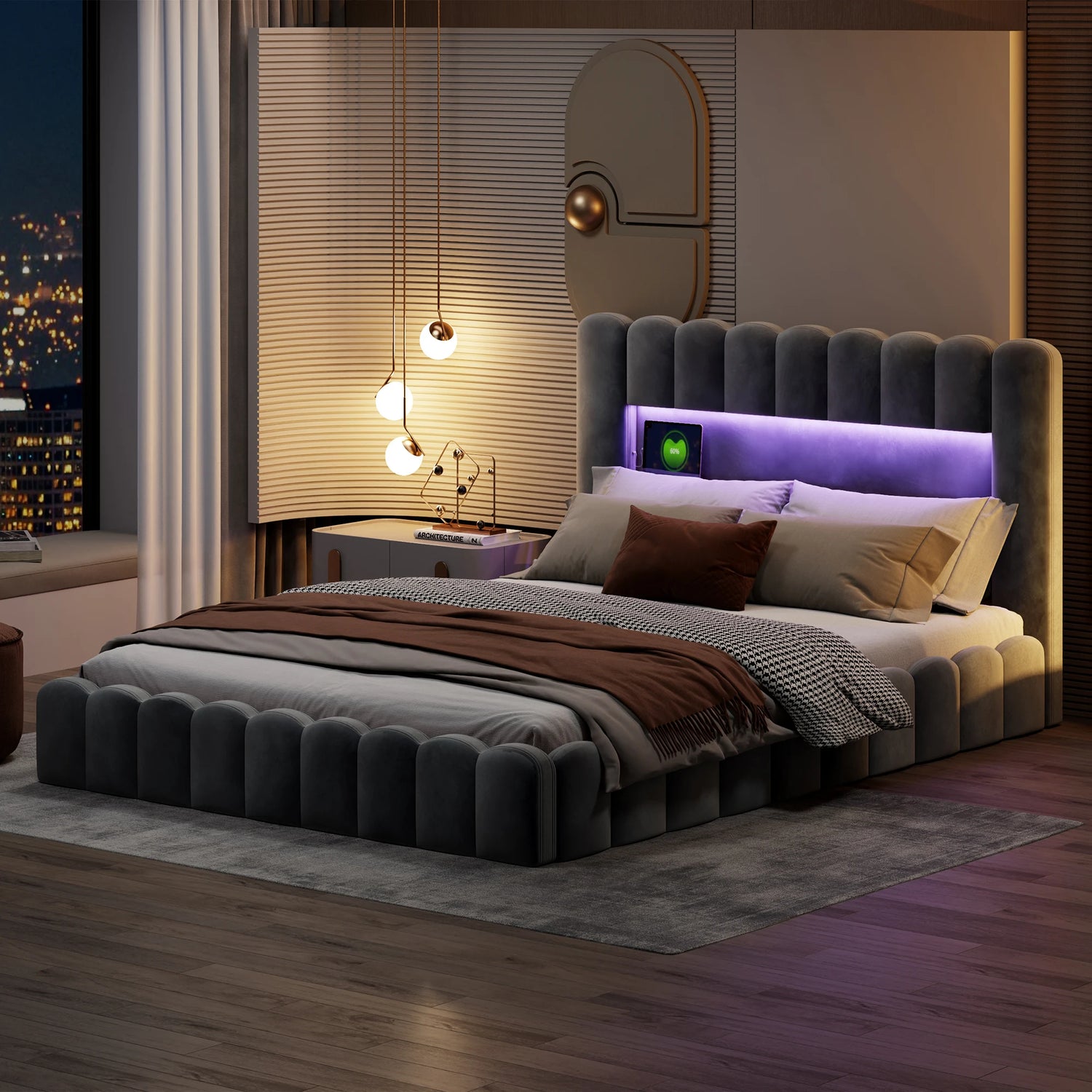 Détail du velours doux et du design inspiré des souches d'arbres sur le lit