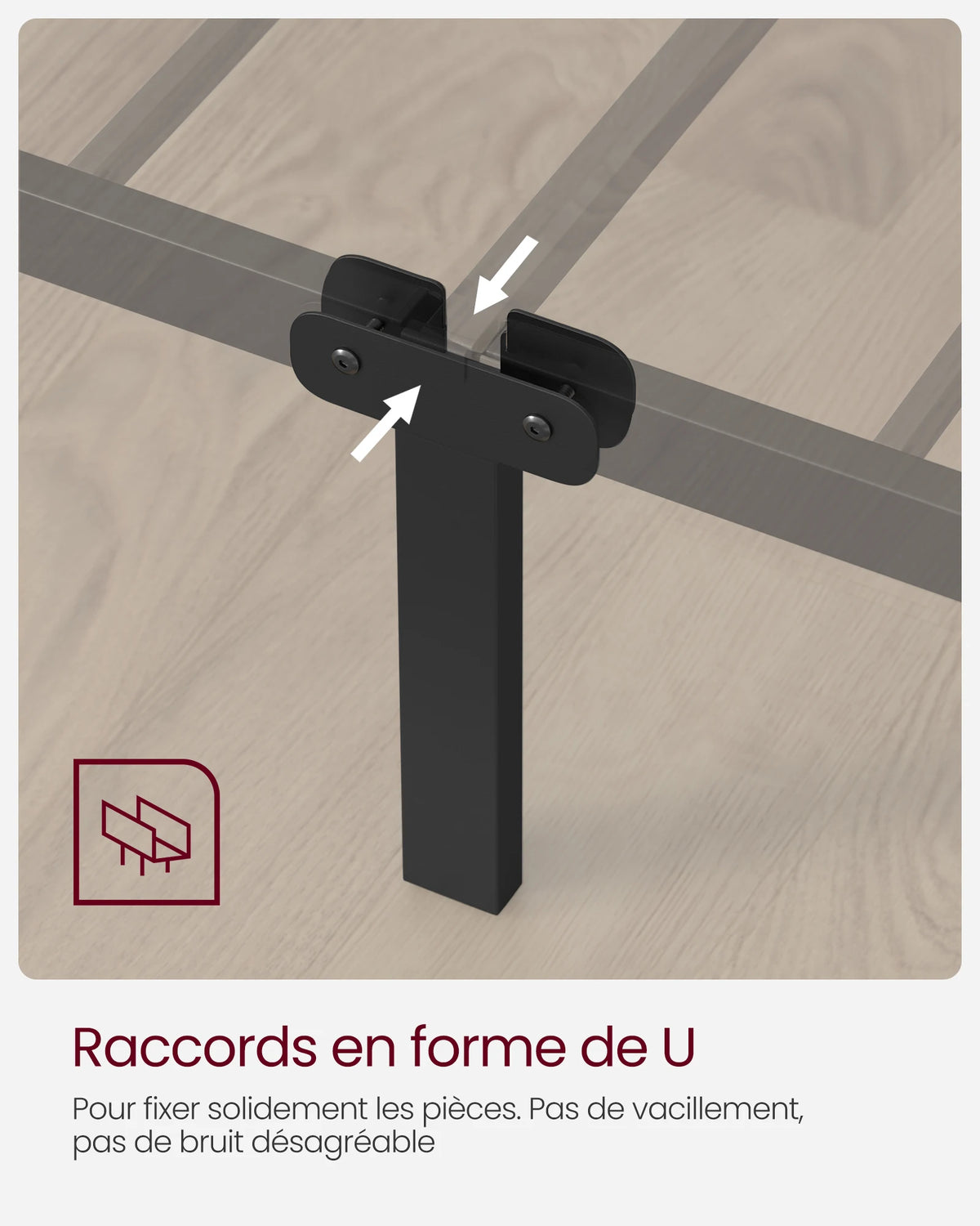 Détail des pieds métalliques et pattins du lit 2 personnes