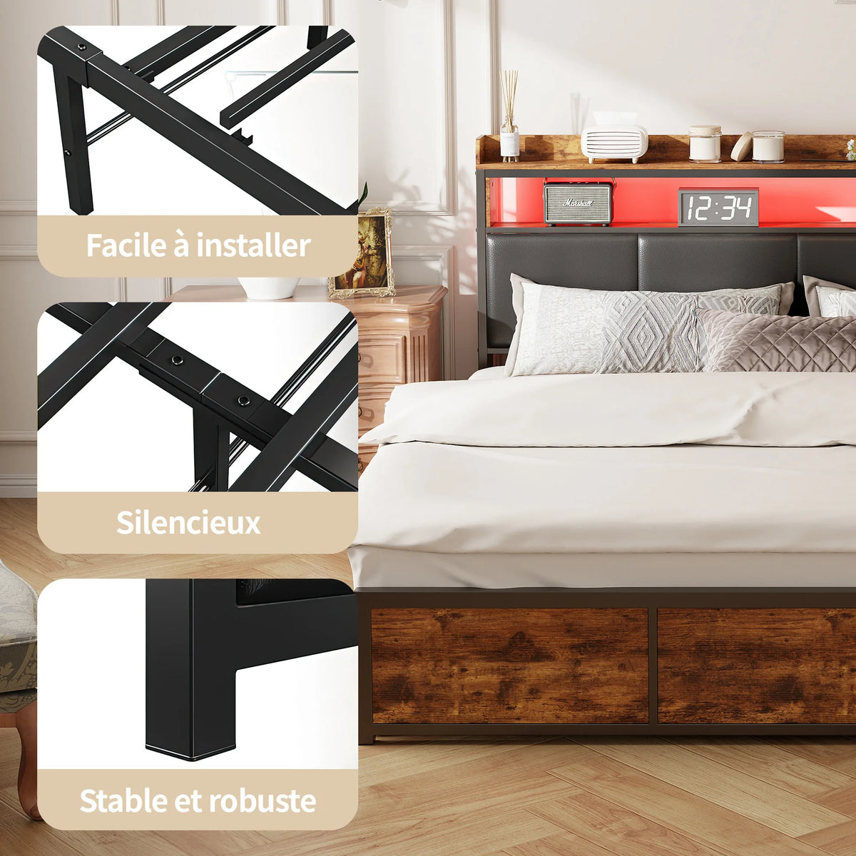 Éclairage LED réglable créant une ambiance chaleureuse dans la chambre