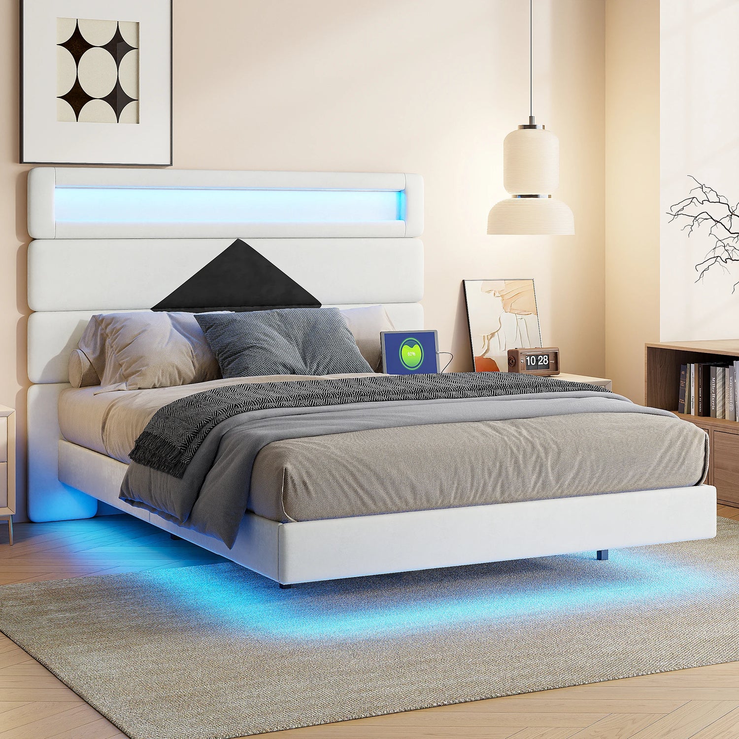 Lit double 140x190 cm design suspendu avec tête de lit LED modulable