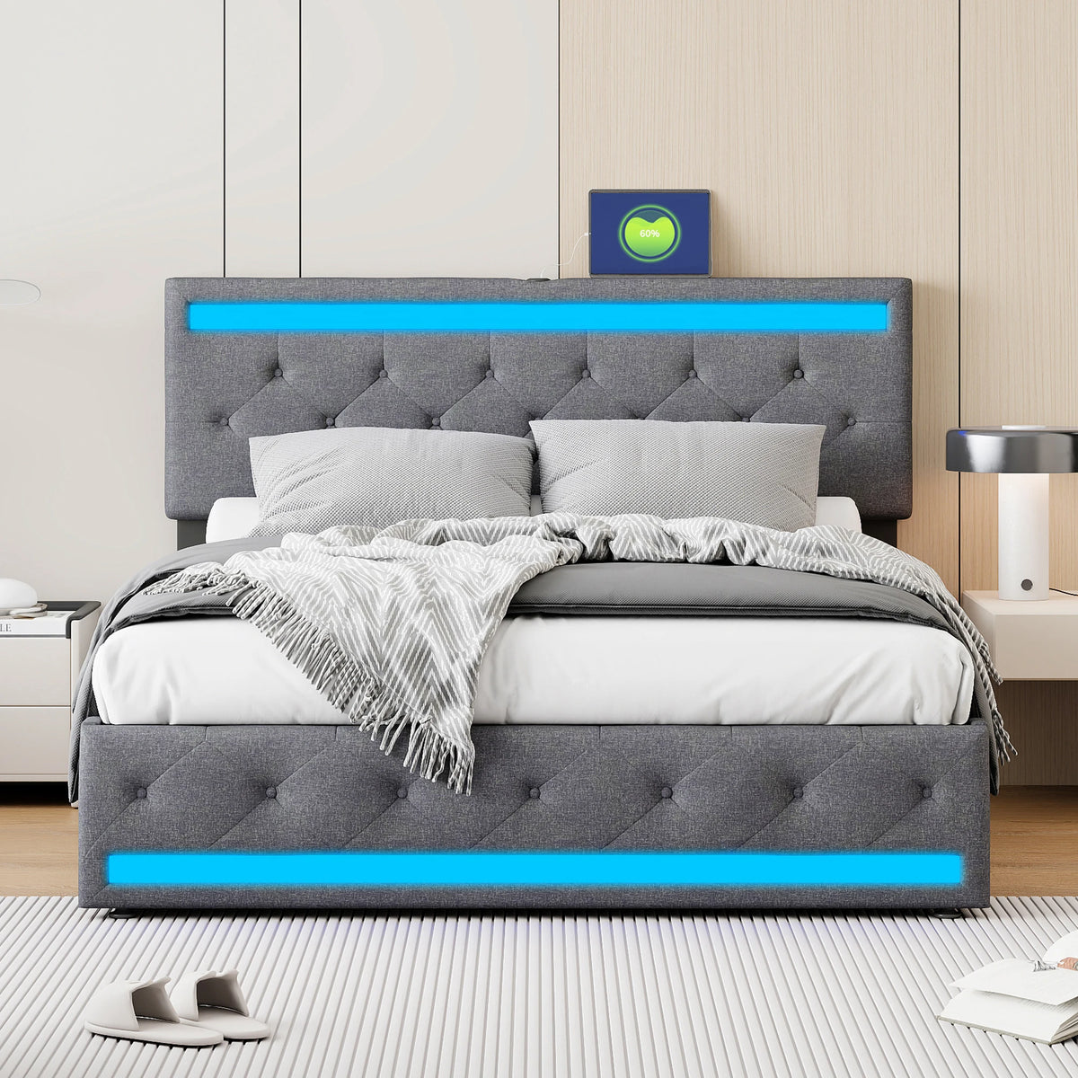 Détail de l'éclairage LED ajustable avec télécommande sur tête de lit