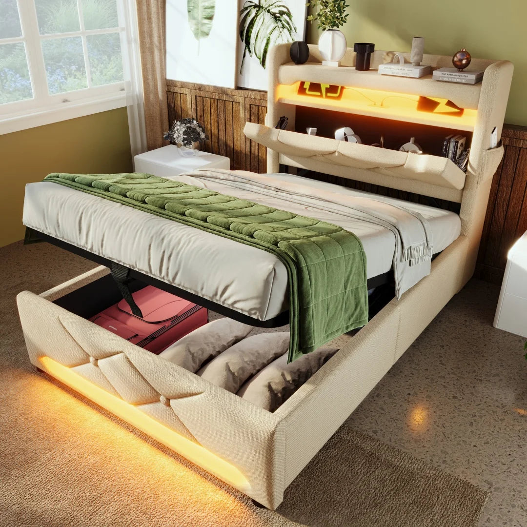 Lit simple 90x200 avec tête de lit rangement et éclairage LED 360° en couleur beige