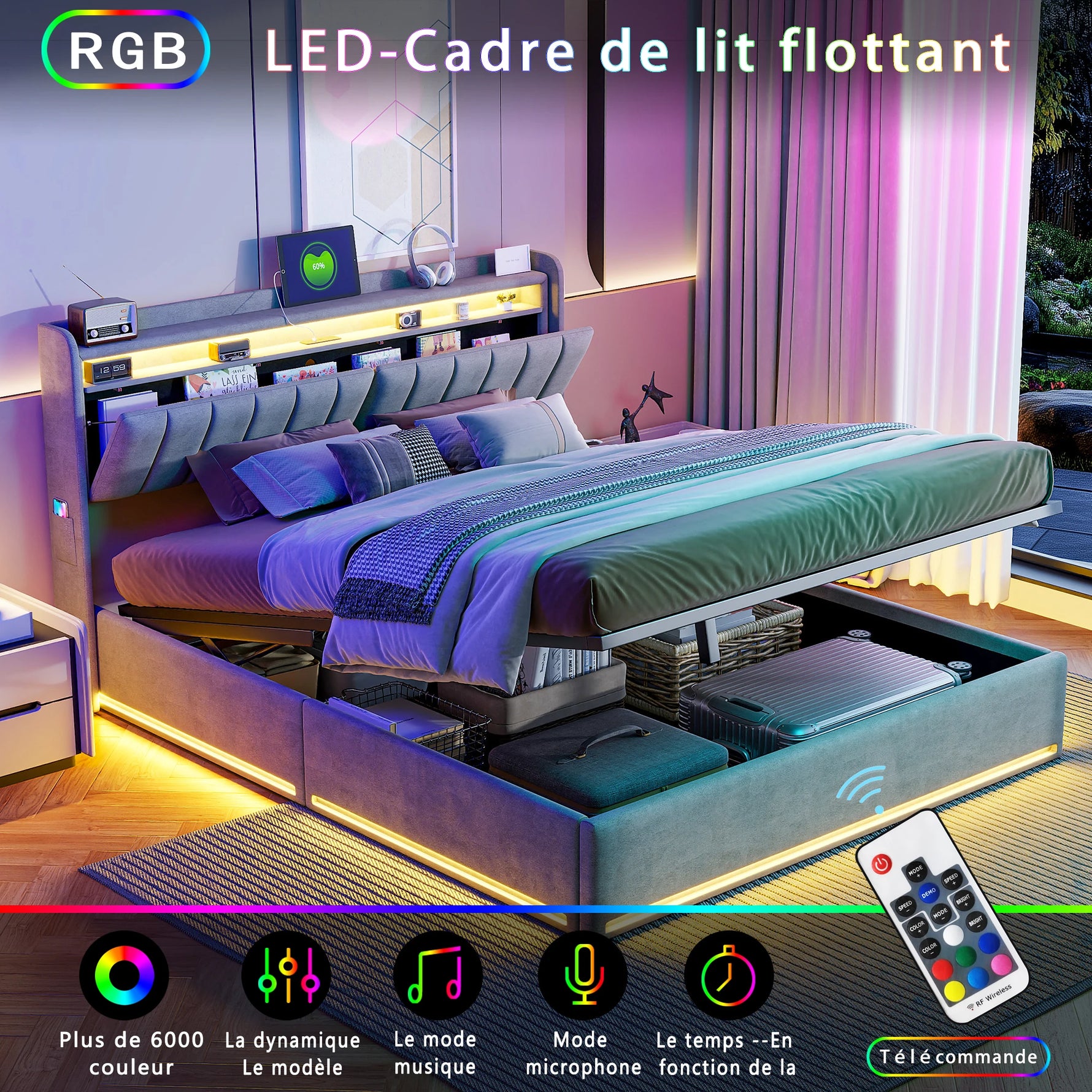 Tête de lit avec ports USB et Type-C pour chargement pratique