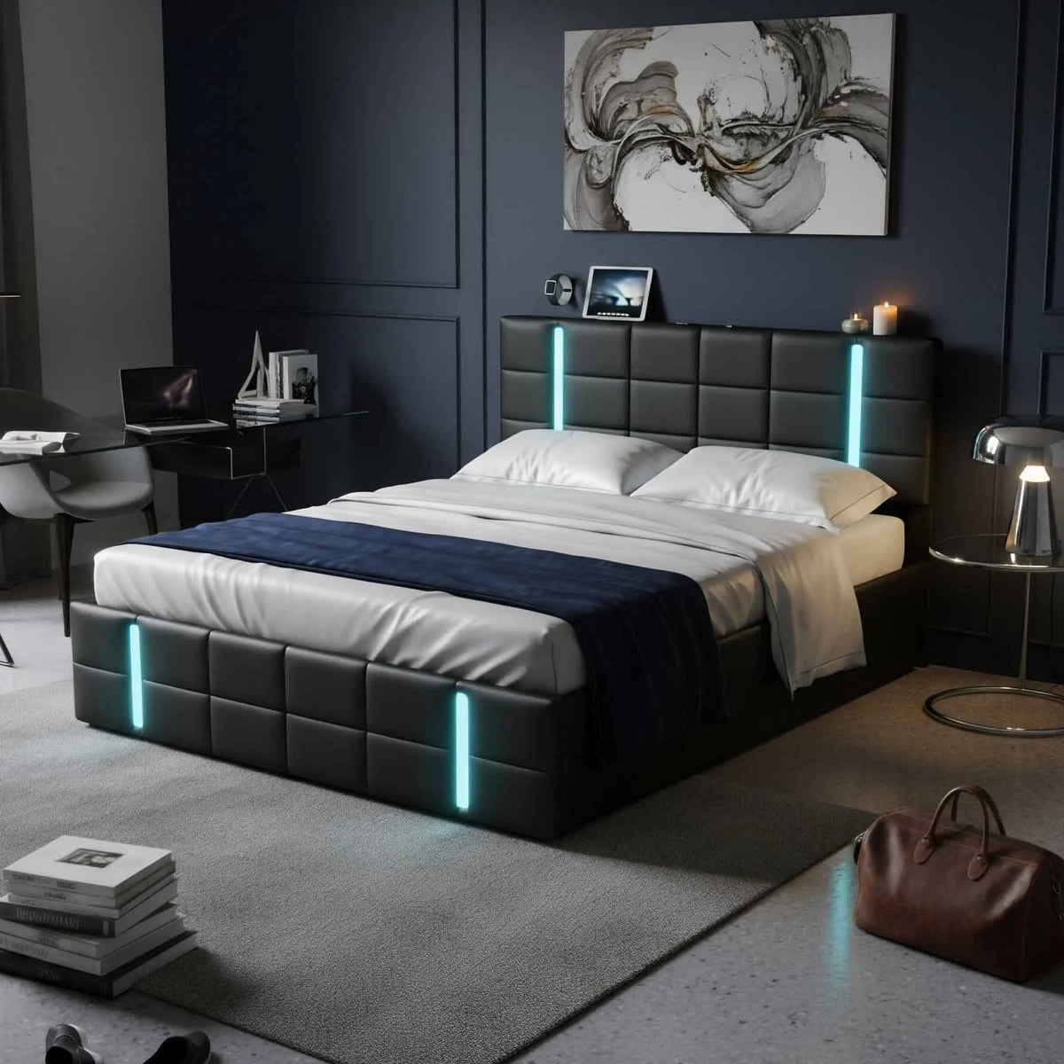 Vue de côté du lit coffre montrant les bandes LED verticales sur tête et pied de lit