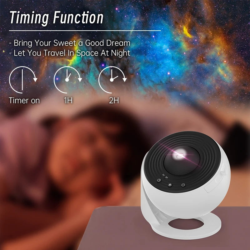 Projecteur galaxie de couleur marron sur une table de chevet