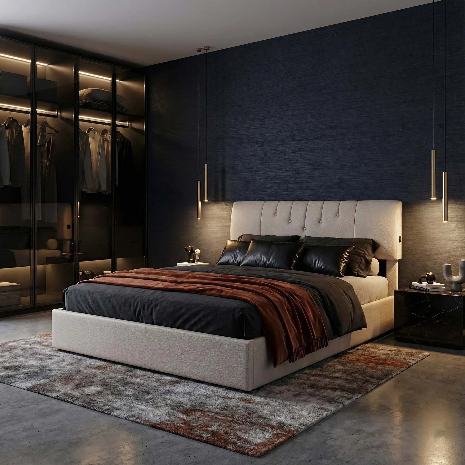 Lit coffre moderne blanc avec éclairage LED RGB dans une chambre contemporaine