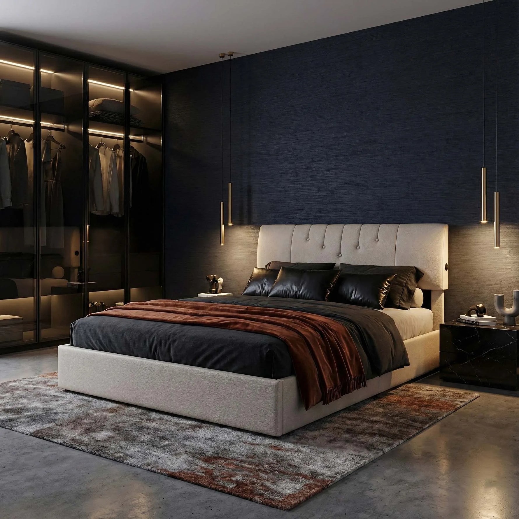 Lit coffre moderne blanc avec éclairage LED RGB dans une chambre contemporaine