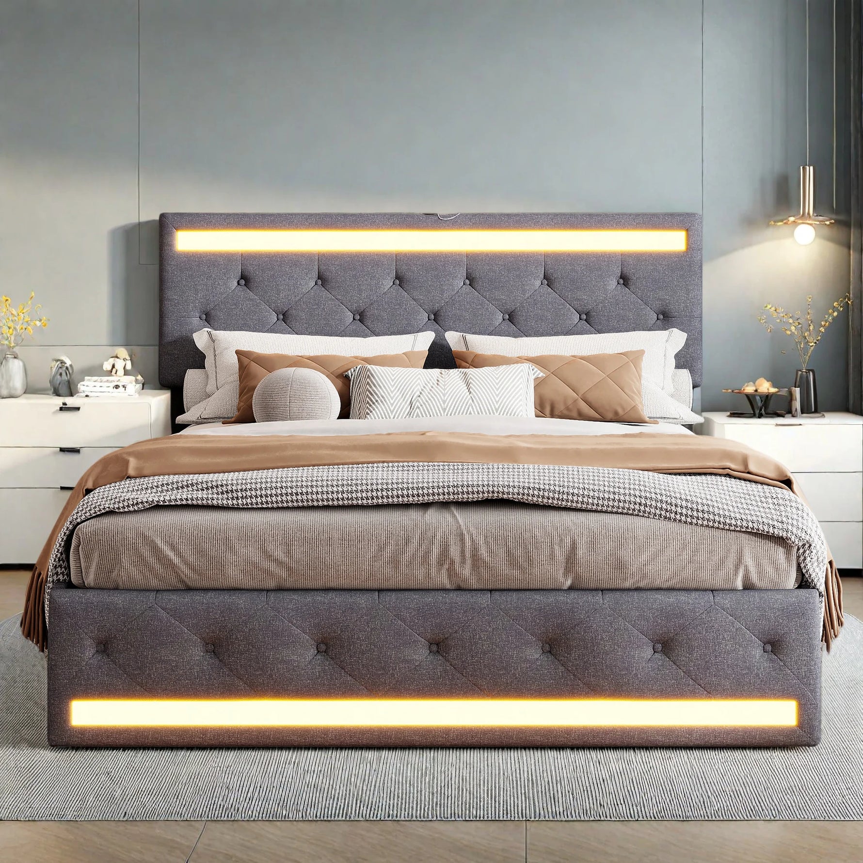Détail de la tête de lit avec LED réglable et prise USB